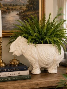 Vintage USA Pottery White Elephant Planter | Large Glossy Ceramic Cachepot | 12”